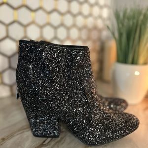 Black Glitter Chunky Heel Booties